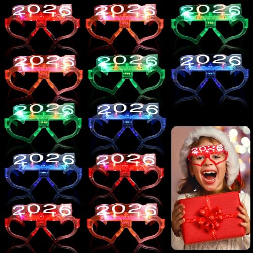12 occhiali luminosi, a forma di cuore, si illuminano al buio, con LED lampeggiante, forniture per feste per Capodanno, Carnevale e festival, occhiali luminosi, 4 colori inclusi