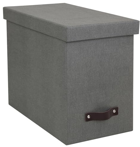 Bigso John Desktop File Box - Storage Solution and Document Organizer for Important Paperwork - Durable Hanging File Box with a Lid and Leather Handle - 7.4 in x 13 in x 10.4 in - Grey