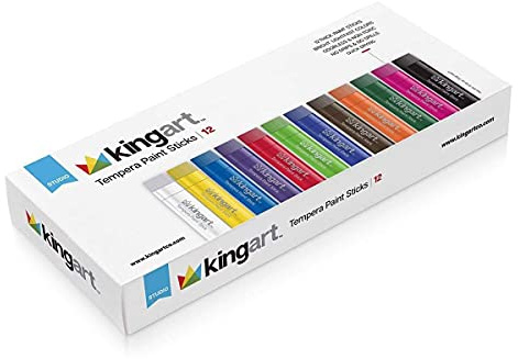 KINGART TEMPERA PAINT Sticks, Set of 12 Rich Colors, Solid Tempera Paint, Super Quick Drying, Non-Toxic, Work Great on Paper, Canvas, Wood, Glass and more