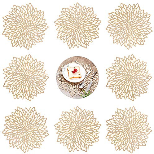 GLOBALDREAM Tovagliette Rotonde Scavate, 8 Pezzi Tovagliette Oro Tovagliette Sottopiatto Tappetini da Tavola Resistenti al Calore Stuoie Tappeti da Pranzo per Tavolo, Pranzo, Cucina (Oro, 38 cm)