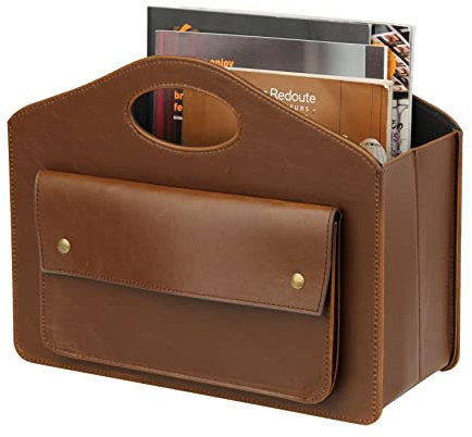 HofferRuffer Leder Zeitschriftenhalter mit Griff, Faltbarer Zeitungshalter mit Kleiner Vordertasche, Aufbewahrungskorb 35*28*15.2cm Braun