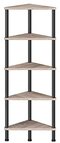 HOOBRO Corner Shelf Stand, Industrial 5-Tier Corner Bookshelf with Metal Frame, Corner Shelf Stand Display Plant Flower, Corner Bookcase for Small Spaces, Living Room, Greige and Black BG33CJ01