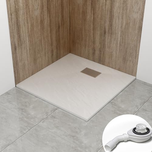 WITEN&NOCK Duschwanne 80x80 cm SMC Brausewanne Steinoptik Antirutsch Duschtasse Höhe 3,2 cm Niedrige Schwelle Extraflach Brausetasse mit Edelstahl-Abflussrinne und Ablaufgarnitur Ø 90 mm