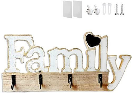Echehi Wooden Home Decoration Key Holder, Self Adhesive or Drilling 3 Ways Installation Key Rack, Key Hooks Wall Mounted, Key Holder for The Home(White)