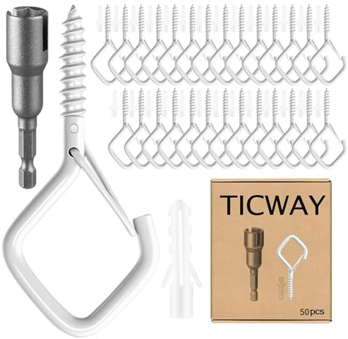 Ticway 50 Pcs Outdoor Hooks for String Lights,Screw Hooks for Hanging Plants,Ceiling Hooks with Safety Buckle,Square Hanger for Wind Chimes,Bird Feeder,Lanterns,Christmas Decorations (White)
