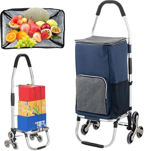 Carro de Compra Carrito con 6 Ruedas, Plegable, Bolsa Termica Impermeable, Gran Capacidad MAX. 75 Kg, para Subir y Bajar Escaleras (Blue)