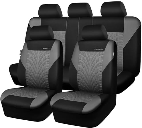 CAR PASS Front & Split Rear Bench Seat Covers - 3D Tyre Embossed Interior Set for SUV, Airbag Compatible, Quick Setup Universal Fit (Black Gray)