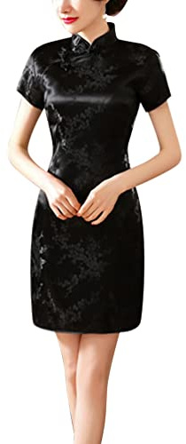 Traditional Cheongsam Costume Print High Slit Side Chinese New Year Party Cocktail Bodycon Short Dress, Plum Black, L