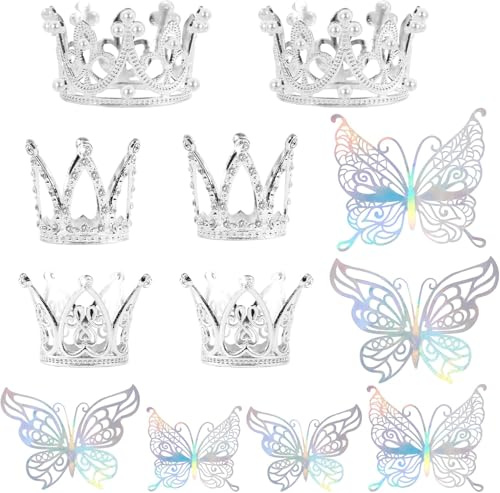 6 Pezzi Corona Topper per Torta, Mini Decorazione Corona Argento, Farfalla Cupcake Topper, 3D Farfalla Cake Topper Decorazioni, per Baby Shower Matrimonio Feste di Compleanno