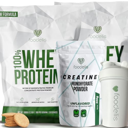 Pack Foodelis Proteinas Whey 2 kg Galleta + Creatina 300g + Shaker de Regalo | Whey Protein con Aminoácidos Esenciales | Proteinas para Masa Muscular de Alta Solubilidad | Proteina en Polvo