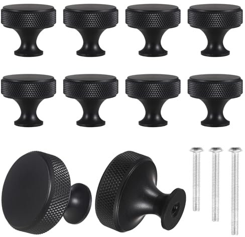 worahroe 10 Pcs Cabinet Knobs Black Matte Metal Round Knurled Wardrobe Knobs, Aluminum Alloy Kitchen Hardware Cupboard Knobs with 3 Size Screws Handles for Drawer Dresser and Wardrobe