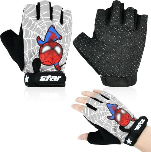 Fahrradhandschuhe Kinder Fingerlos,Cute Cartoon Spinne Wanderhandschuhe,Bike Gel Handschuh,Cool Anime Held Cycling Gloves,Scooter Radhandschuhe,Fahrradhandschuhe für Freizeit Jungen,6-10 Jahre,Grau