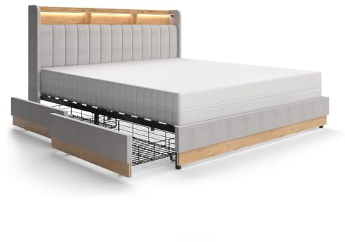 VitaliSpa Polsterbett Nura, Grau, 180x200 cm mit 4 Schubladen, mit USB-Ladeanschluss, LED-Beleuchtung und Fernbedienung