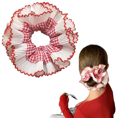 Red White Gingham Lace Hair Scrunchies, Oversized Hair Scrunchy with Frilly, Elegant Ponytail Holder Fashion Accessories for Women and Girls (Red, 1 Pcs)