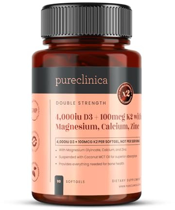 Double Strength D3 + K2 Complex x 90 Vegan Softgels – 4000 IU D3 + 200mcg K2 with Magnesium, Calcium & Zinc – 3 Months Supply