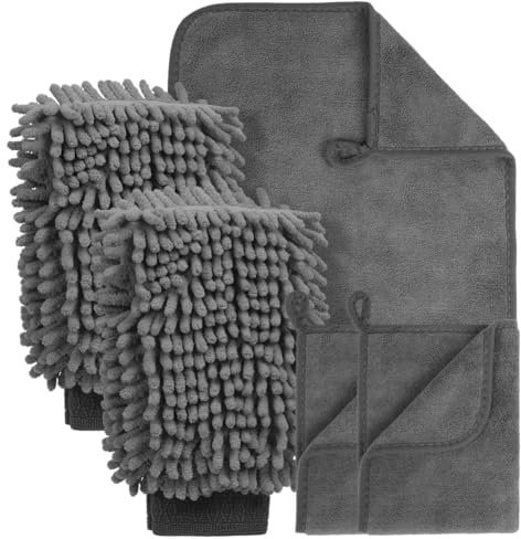 flintronic 5 PCS Kit Pulizia Auto Interni, con 600 GSM Panno e Guanti morbidi a doppia faccia, 3 Pezzi Panno Microfibra Auto e 2 PCS Guanto Lavaggio, Senza Graffi per Cura Moto