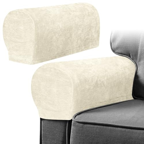 Armrest Chair Covers, Set of 2 Anti-Slip Stretch Chenille Couch Arm Cover with 10 Twist Nails, Armrest Covers Thickened Arm Caps Slipcovers for Sofa Couch Chair Recliner Protector (Milkshake White)