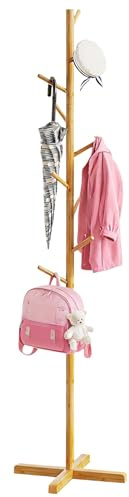 BAMBOOHOMIE Freestanding Coat Tree with 9 Hooks, Adjustable Height, Wooden Coat Rack Stand for Bedroom, Hallway, Office (3 Tier Coat Rack)
