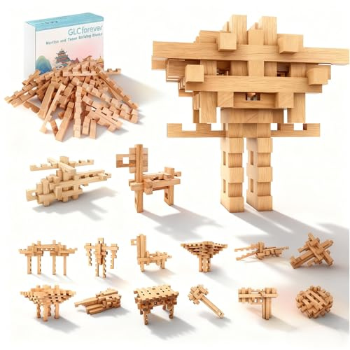 GLCforever Bloques de Construcción de Madera Educativa - 15&20+ Formas, Puzzle 3D Niños, Maquetas para Construir Adultos, Montessori Juguetes Niños 5+ Años Adolescentes (15 en 1)