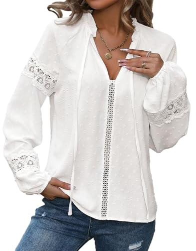 Camisas Blancas Mujer Otoño Manga Larga Camisa Casual Volante Cuello Redondo Encaje Bordado Mangas Linterna Blusa Elegante