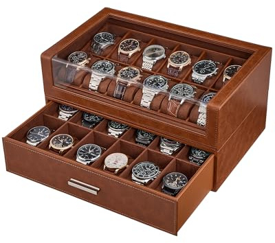 ProCase Watch Box for Men, 24 Slots Watch Display Holder -Brown | Clear Acrylic Top, Large Capacity PU Leather Case with Drawer Organizer, Jewelry Storage, Ideal Gift for Men Women