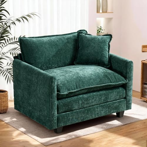 Fauteuil individuel en chenille verte, double coussins et accoudoirs | Tissu doux, résistant et respirant, fourni avec coussins et accoudoirs. Idéal pour salon, chambre et appartement.