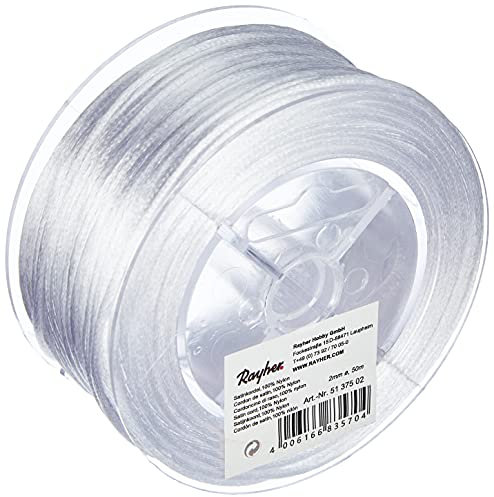Rayher 5137502 Cuerda de Nylon Satinada,de cordón Trenzado, para bisutería y Manualidades, Nailon, Blanco, ø 2 mm, Largo 50 m