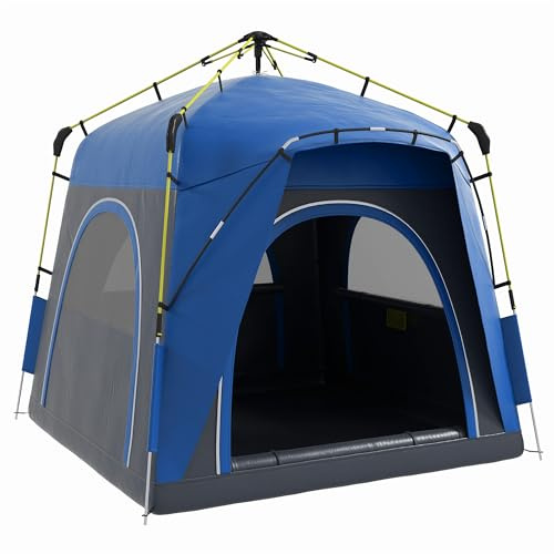 Outsunny - Tienda de campaña familiar para 4 personas, impermeable, ligera, ventilada, fácil de montar emergente 4 ventanas parasoles dim. 2,4 x 2,4 x 1,99 H m Fibra Vidrio Poliéster Gris Azul
