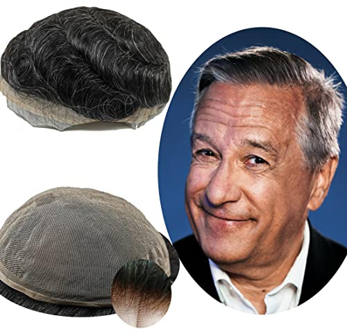 Protesi Capelli Uomo Yanahair Toupee per Uomini Parrucchini Parrucca Capelli Veri Uomo Parrucche 100% Europeo Capelli Umani Veri Pieno Francese Pizzo Toupet 8x10”,#1B20 nero e grigio