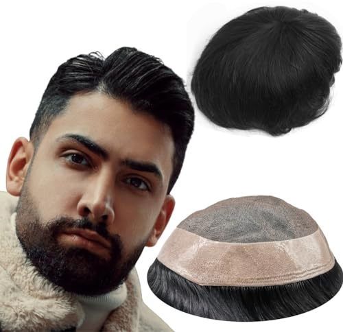 YANAHAIR Toupee for Men men hair pieces Mono Toupee Human Hair Replacement System 100% European Real Human Hair Men Lace Hair System Fine Mono Lace with PU Around (#1B Off Black, 6x8)
