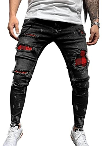 Jeans Troué Homme Mode Serré Déchiré Styles Classique et élégant Jean Slim Fit (as4, Alpha, s, Regular, Regular, Noir - 2)