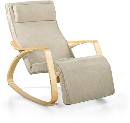 WeHome – Silla Mecedora Swing Amor con reposabrazos de Madera, Mecedora con reposapiés Ajustable, sillón de salón, sillón Dormitorio (Tela, Beige)