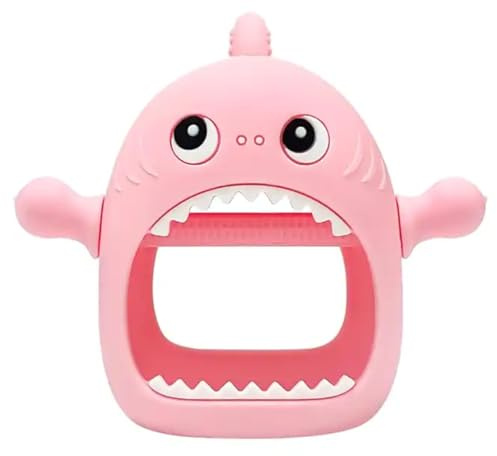Cute Shark Teething Mitten Toy for Babies, Never Drop Silicone Baby Teether, Hand Pacifier for Babies to Suck and Chew, (Pink)