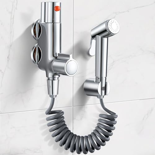 Bidet Sprayer Thermostatic Mixer Bidet Spray Kit, Muslim Shower for Toilet Thermostatic Shower Valve with Handheld Sprayer, Round Muslim Douche Set Shattaf Douchette, Chrome, Vertical 45mm Center