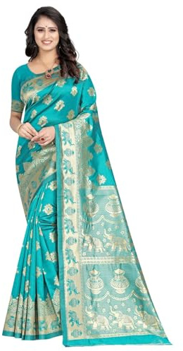 C J Enterprise Sari de seda suave Kanjivaram puro para mujer con blusa para boda (Pari9016), Firozi, talla �nica