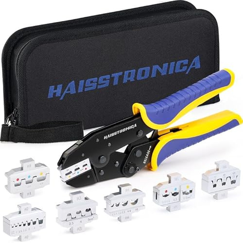haisstronica 6 in 1 Crimping Tool Kit, Professional Ratchet Wire Crimper with 6 PCS Interchangeable Dies for Heat Shrink, Non-Insulated,Ferrule,Open Barrel,Insulated Connectors, Men Tool Gifts