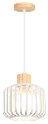 iDEGU Lampada a Sospensione Vintage, 18CM Lampadario Moderno Illuminazione a Soffitto E27 in Legno e Metallo Gabbia Retrò Lampada da Soffitto per Camera da Letto Cucina Salotto Ristorante (Bianco)