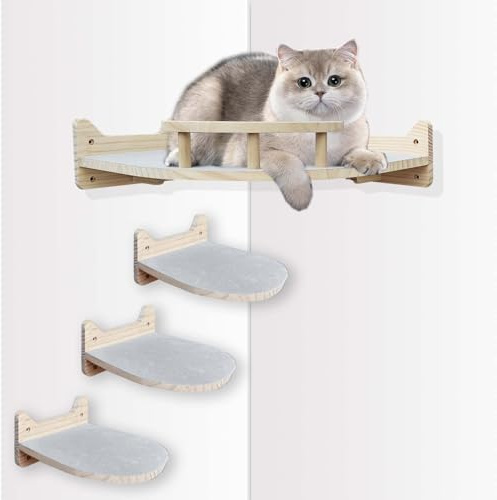 Pared de escalada para gatos, escalera para gatos, 3 peldaños, incluye una tumbona para gatos para la esquina, parkour de pared para gatos con fieltro antideslizante, juego de pared para gatos