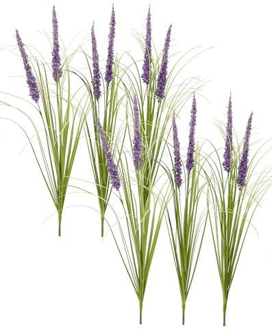 FlorisDecor 24'' Tall Faux Lily Turf (Liriope Muscari), Realistic Ornamental Grass with Small Violet-Purple Flowers (6 Pack)