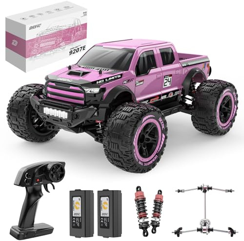DEERC 1:10 Schnelle Ferngesteuertes Auto für Erwachsene, 4X4 Hobby RC Monstertruck, 48+KM/H, All Terrain High Speed RC Truck Crawler in Pink mit 2 modularen Batterien, Spielzeugfahrzeug für Kinder