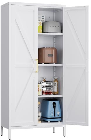 SUPEER Metallschrank,Mehrzweckschrank Stehschrank mit 3 verstellbaren Regalen, Küchenschrank Beistellschrank Buffetschrank für Wohnzimmer Flur 155 x 75 x 35 cm(Weiß)