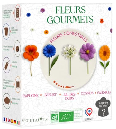 VEGETALIUS - Kit fleurs comestibles à cultiver | Graines bio françaises (Calendula, Bleuet, Cosmos, Capucine, Ail des Ours) + La surprise du chef | Coffret prêt à pousser éco-responsable - Idée cadeau