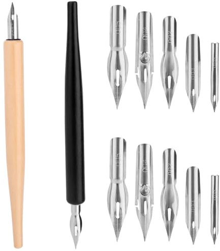 Set Penne a Immersione per Fumetti con 2 Portapenne in Legno e 10 Punte di Ricambio in Acciaio Inossidabile, 5 Stili Pennini a Immersione per Calligrafia Disegno Scrittura Schizzi Firma