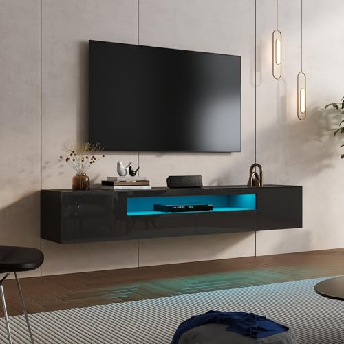 KEEPREAPER Black Floating TV Stand for 55 65 70 75 78 85 inch TV, Entertainment Center with LED Light and Storage Cabinet High Gloss Media TV Console Shelf for Wall for Living Room Bedroom