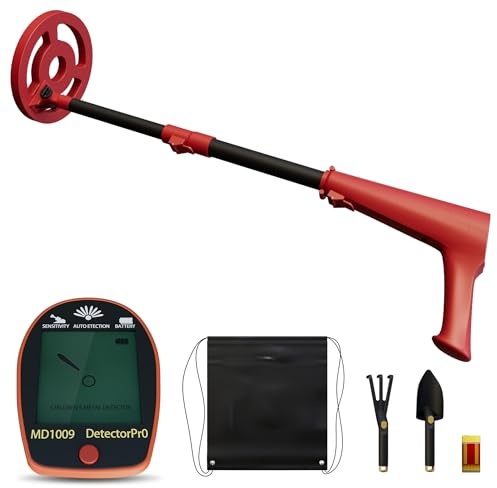 YUENFONG Rivelatore di metallo per bambini, rilevatore di metallo, 70-95 cm, regolabile ad alta precisione con display LCD, rilevatore di metallo impermeabile con pala rastrello, rosso