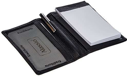 Alassio Notizblock-Etui MONZA Notizbuch aus echt Leder schwarz, 7,5 cm x 11 cm, Netzfach für Visitenkarten, Notizblock, Kugelschreiber