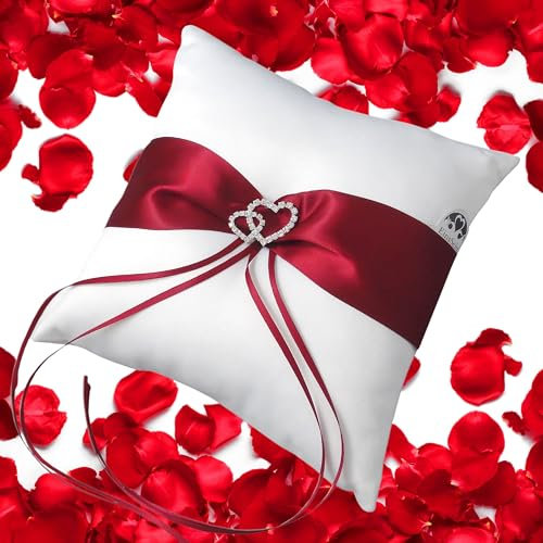 EinsSein Ringkissen Hochzeit Parentesi aus Satin | 20x20 cm rot weiß | edles Traukissen für Trauringe & Eheringe | Wedding Ring Pillow & Cushion | klassischer Ringhalter für Standesamt & Kirche
