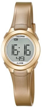 Calypso Damenuhr Digital - Kautschuk Gold - 10 ATM - Datum Kalender Chronograph Doppelzeit Licht Alarm 12/24h - K5677/3