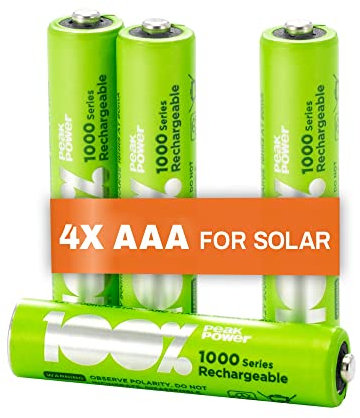 PeakPower Solar Akku AAA | 4 Stück AAA Akku für Solarlampen NiMH 1,2 Volt (1,2V) | wiederaufladbare Batterien AAA für Solarleuchten, 800mAh