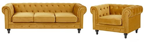 Klassisk 3-sits + Fåtölj Soffgrupp Sammet Guld Chesterfield